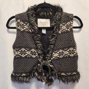 American Rag Cie Womens Size XS Nordic Print Fully-Lined Vest Faux Fir Front Tie